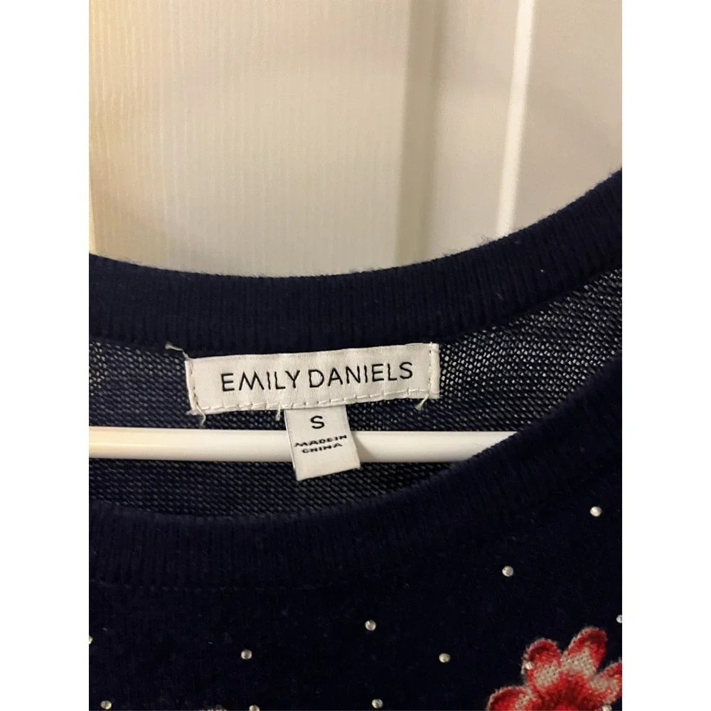 Emily Daniels Navy Blue Floral Rose Rhinestone 3/4 Sleeve Knit Sweater Small